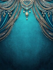 Elegant blue curtain backdrop with intricate silver detailing and gemstones.