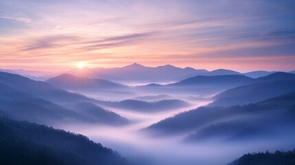 Obraz premium Sunrise Over Misty Mountain Range. Beautiful Landscape Shot Sun Rising Mist Mountains. 