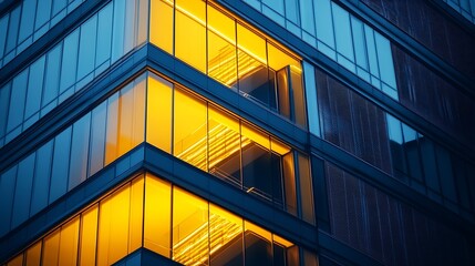 A building with a staircase and windows lit up in yellow The building is tall and has a modern design : Generative AI