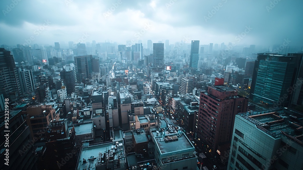 Poster rooftop view of city buildings the weather is about to rain clouds are overcast : generative ai