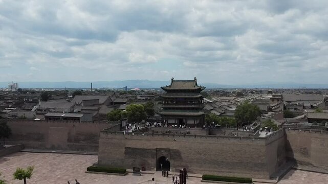 aerial view of the walls of Pingyao Ancient City, China