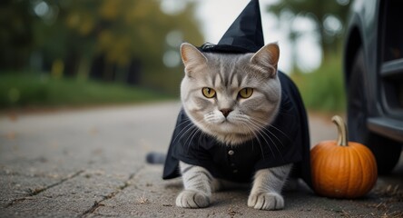 British Shorthair breed cat dressed up in a witch's hat and cape, posing next to a Halloween pumpkin, Halloween theme concept