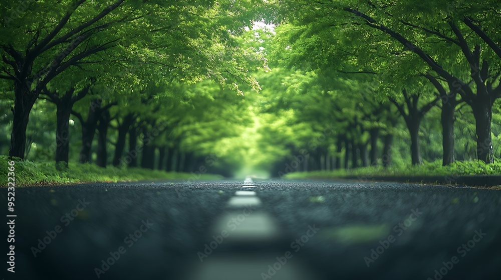 Aufkleber turn on the empty road through the green trees : generative ai