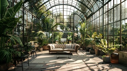 Victorian style elegant greenhouse living room interior in botanical garden modern home