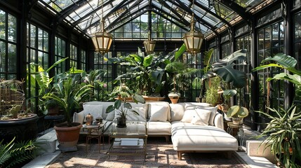 Victorian style elegant greenhouse living room interior in botanical garden modern home