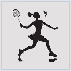 Black silhouette of female badminton player on white background