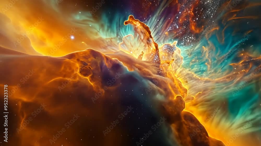 Poster a colorful nebula with a bright orange and blue center. the stars are scattered throughout the image