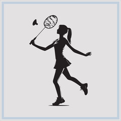 Black silhouette of female badminton player on white background