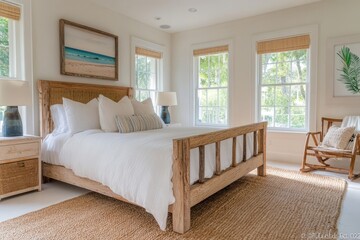 A serene bedroom featuring a wooden bed, natural light, and cozy decor.