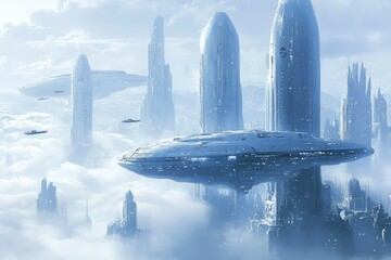 A Futuristic City Above the Clouds with Spaceships