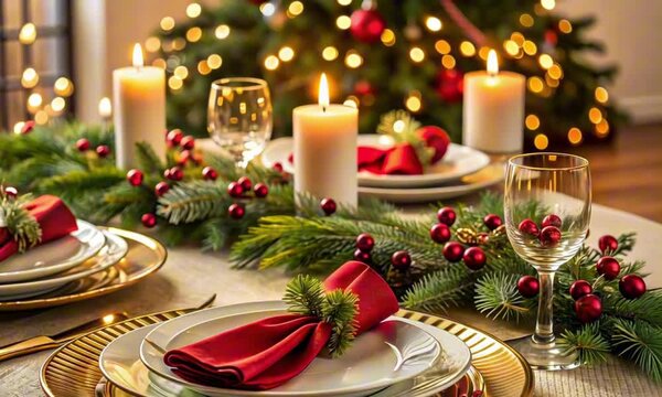 Festive Christmas table setting with red and green decorations