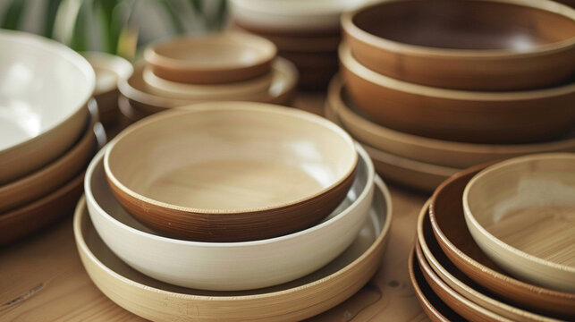 A close-up of a set of bamboo-fiber dishes in earthy tones, including plates, bowls, and serving platters.