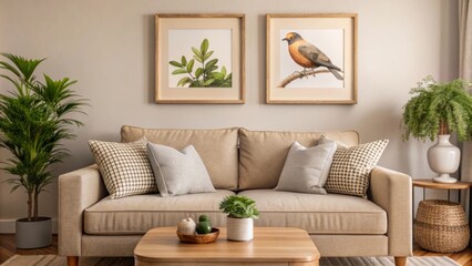 A cozy living room features a neutral-colored sofa adorned with various textured pillows, including round and rectangular ones