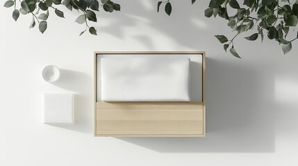 A serene minimalist arrangement featuring a wooden drawer, a folded blanket, and greenery.