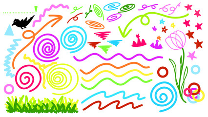 set of hand drawn various colourful funny stars, wave shapes and arrow isolated on transparent background. Vector illustration