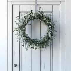 Minimalist and Modern Christmas Wreath Hanging on a Contemporary Wooden Door with a Scandinavian Inspired Style
