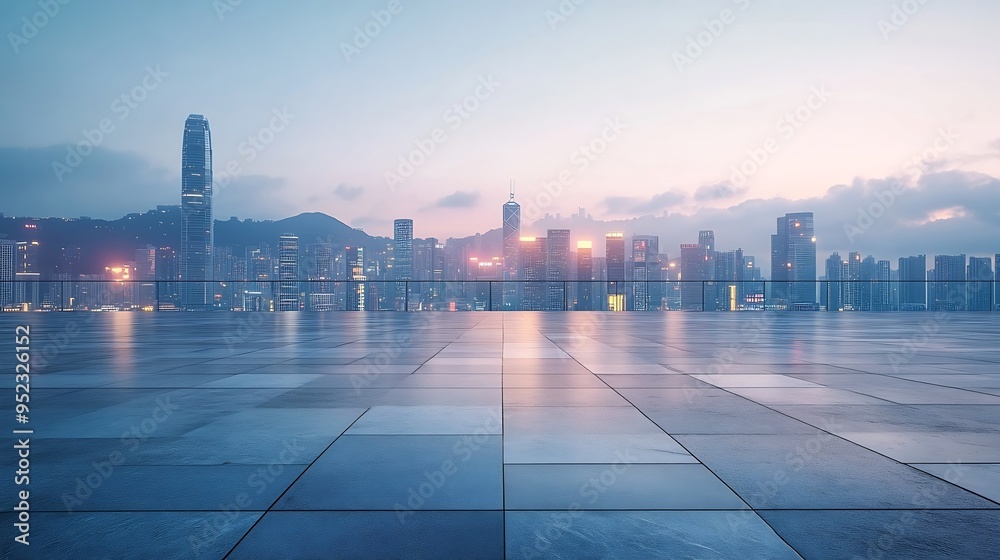 Poster Empty square floor and glass wall with city skyline at dusk in Shenzhen City square and modern buildings background : Generative AI