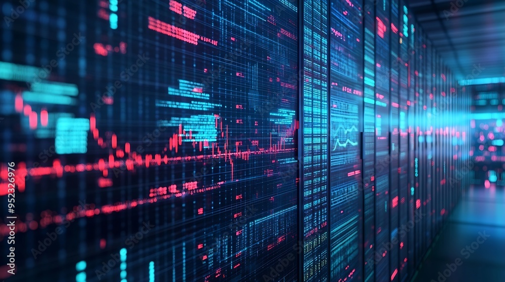 Poster Image of multiple graphs and numbers changing over data center room Digital composite coding business report network security data center networking technology and network server : Generative AI