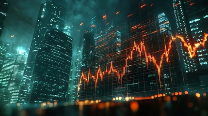 Investing and real estate market crash concept with falling down digital financial chart candlestick and graphs with data indicators on city modern business centers background double e : Generative AI