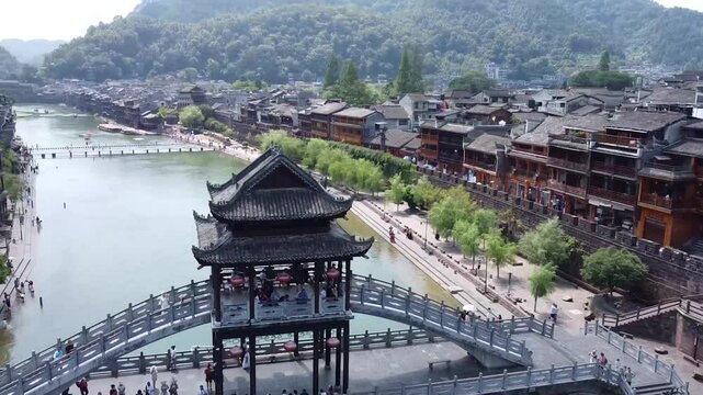 aerila view of the river village of fenghuang in china