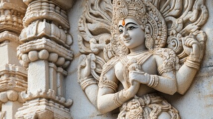 Fototapeta premium Hindu temple carvings with space for text on a plain background. Ancient art.