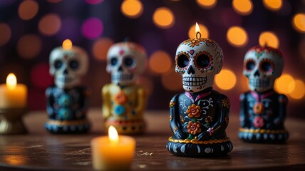 Day of the Dead figurines displayed on an altar with a bokeh background
