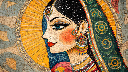 Colorful traditional Madhubani art from India of a woman in a sari on a textured background 