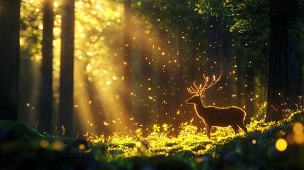 A majestic deer stands in a sunlit forest, surrounded by glowing particles, embodying tranquility and nature's beauty.