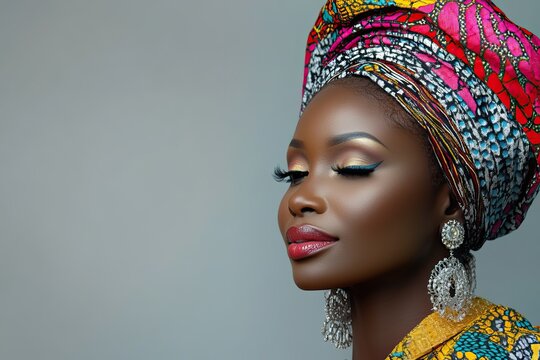 Portrait of a woman in traditional African attire with a headwrap and jewelry
