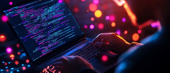 A coder works intensely on a laptop, surrounded by vibrant light patterns and glowing code, symbolizing innovation and technology.