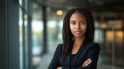 Fototapeta premium A young professional woman with long braided hair stands confidently in front of a modern office building with glass windows