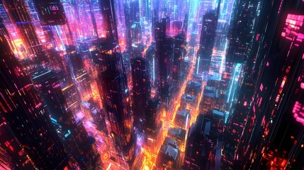 Fototapeta premium Vibrant Neon Cityscape in Futuristic Metropolis with Illuminated Skyscrapers and Vibrant Chromatic Lights