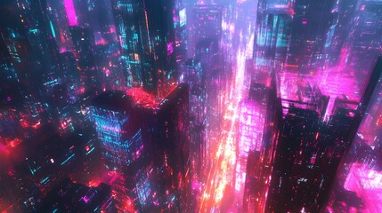 Fototapeta premium Dazzling Cityscape with Vibrant Neon Lights and Towering Skyscrapers in Futuristic Metropolis