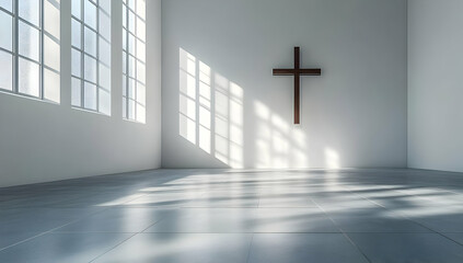 Naklejka premium A serene interior featuring a cross on the wall, illuminated by natural light filtering through large windows.