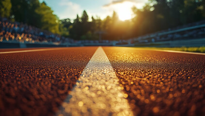 Close-up view of a sunlit running track, featuring a clear lane marking under a beautiful sunset with a blurred crowd in the background.