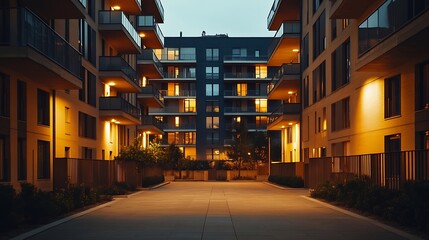 Residential buildings in a European city at night Modern blocks of flats Courtyard with vegetation and lighting Rust metal finish corten Underground garage : Generative AI
