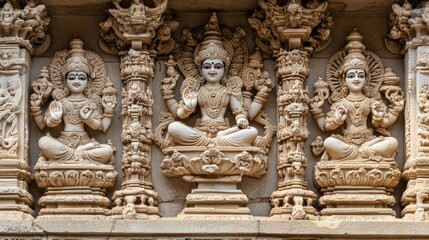 Fototapeta premium Intricate carving of Hindu deities on a temple wall, with ample space for text in the sky.