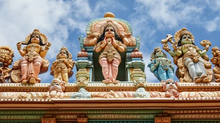 Fototapeta premium Intricate carving of Hindu deities on a temple wall, with ample space for text in the sky.