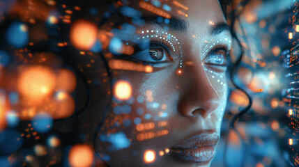 S&uuml;daasiatische Frau blickt in einen digitalen futuristischen Erfolgsbildschirm
