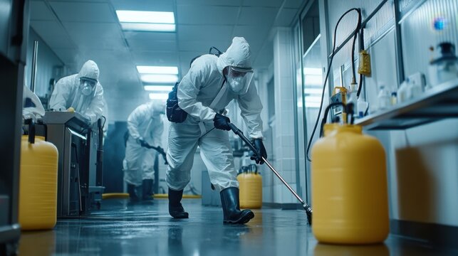 Pest control team using advanced tools and equipment in a commercial setting, highlighting efficiency and detailed professional approach