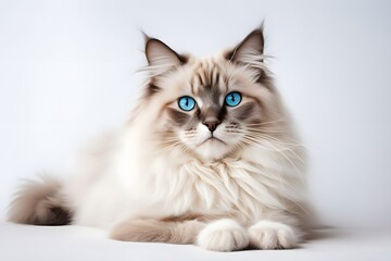A fluffy ragdoll cat with soft fur and blue eyes lounging comfortably on a white background, AI Generated
