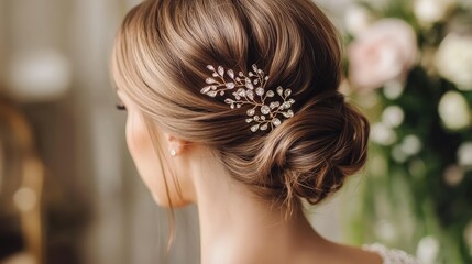Fototapeta premium A close-up of a low bun with soft waves and a decorative clip, creating a romantic and elegant hairstyle.