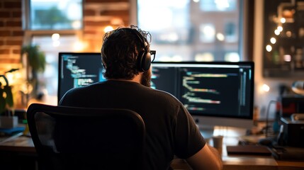 Focused programmer working at a desk with multiple monitors displaying code, creating software solutions in a cozy workspace.
