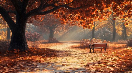 Fototapeta premium Autumn park scene with a winding path a bench under an oak tree and fallen leaves Warm autumnal with rich oranges reds browns and detailed 3D-rendered leaves