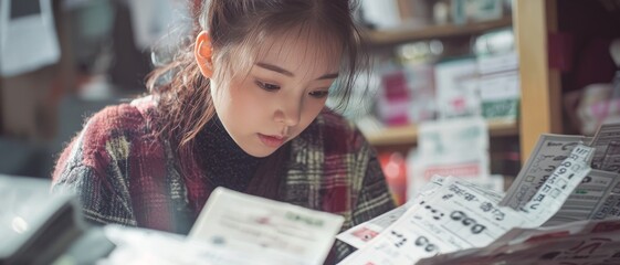 Young Woman Reading Papers with Focused Expression