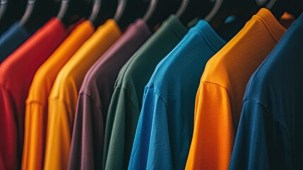 Obraz premium A close-up of a row of colorful t-shirts neatly hanging on a clothing rack, showcasing various shades.