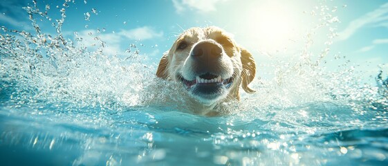 Golden Retriever Dog Swimming Underwater With Splashing Water