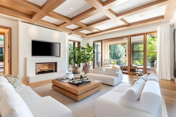 Modern living room with white sofas, wooden beams and a fireplace.