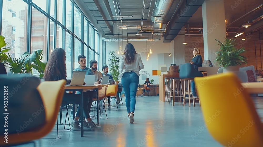 Aufkleber Multiethnic startup business team on meeting in a modern bright open space coworking office Brainstorming working on laptop Group of coworkers walking around in motion blur : Generative AI