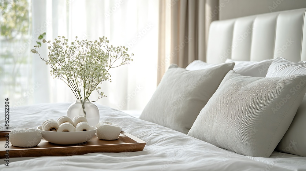 Poster bedroom with a double bed with a white leather upholstered headboard with cushions of various types 